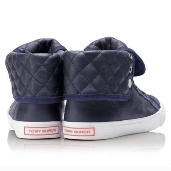tory burch navy blue leather caspe high top sneaker foldable quilted lace up 9 - Picture 1 of 2
